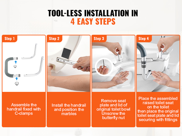 tool-less installation in 4 steps for VEVOR raised toilet seat; assembling, installing, removing, and securing.