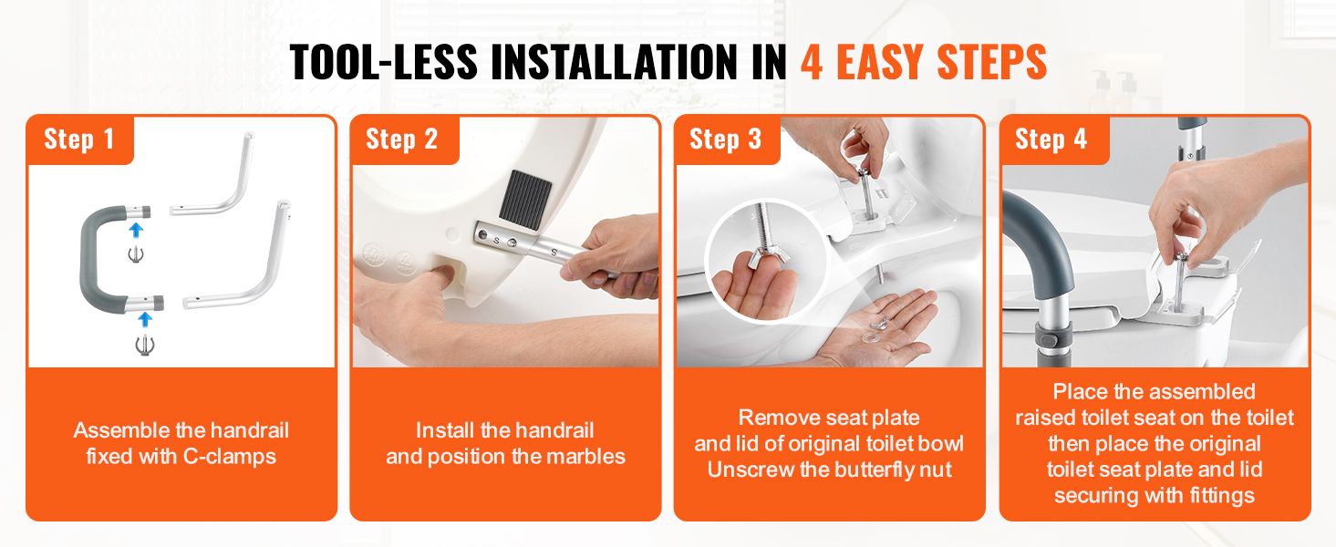 tool-less installation in 4 steps for VEVOR raised toilet seat; assembling, installing, removing, and securing.