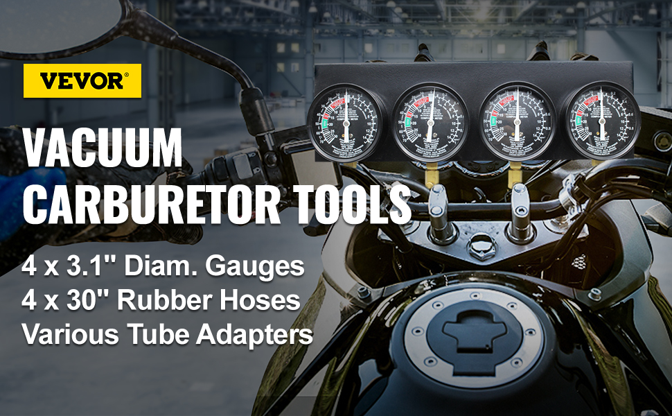VEVOR carburetor synchronizer with gauges, hoses, and adapters on a motorcycle.