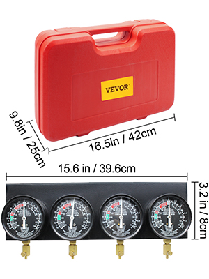 VEVOR carburetor synchronizer with red case and four gauges display.