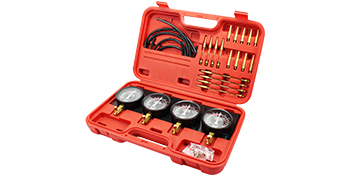red carrying case with VEVOR carburetor synchronizer, hoses, and gauges set.
