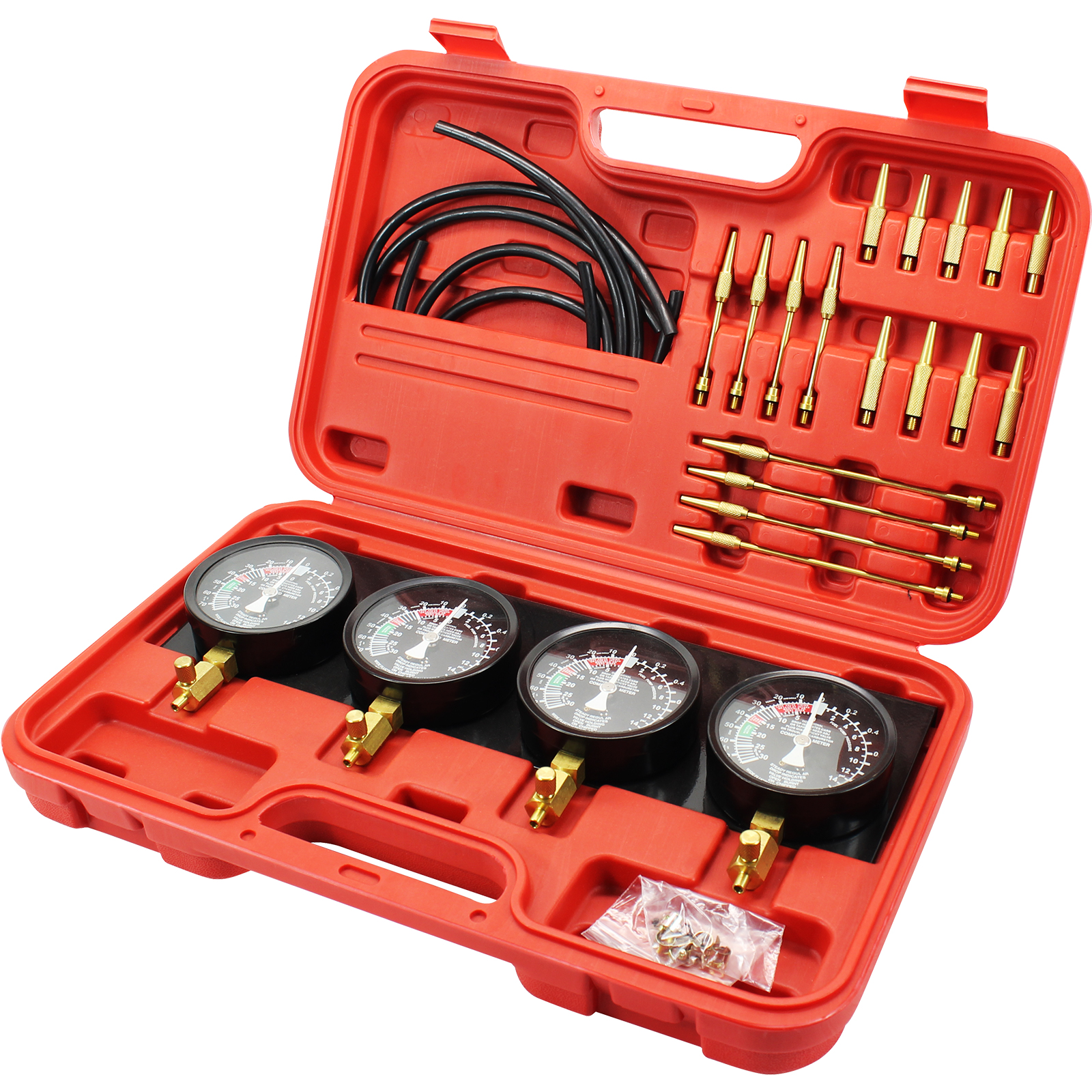VEVOR carburetor synchronizer in a red case with hoses and gauges.