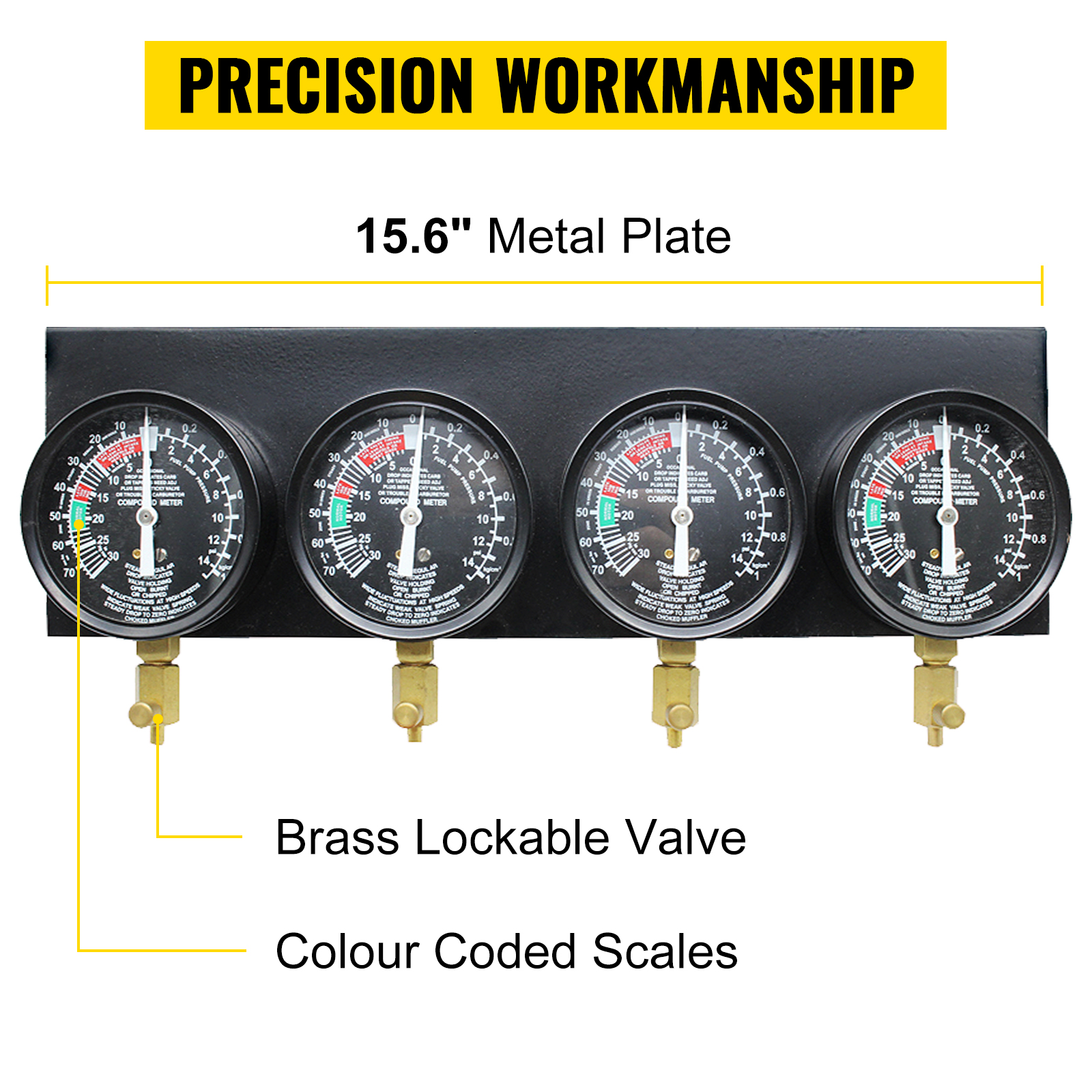 VEVOR carburetor synchronizer with 15.6" metal plate, brass lockable valves, color-coded scales