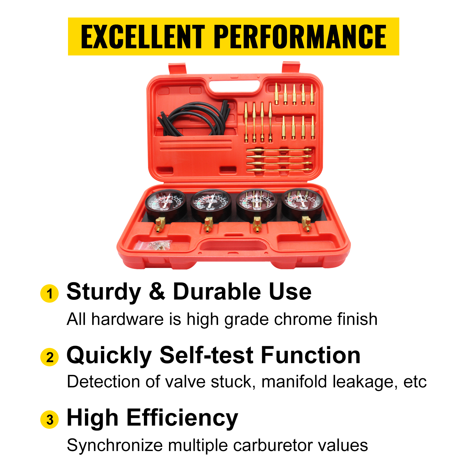 VEVOR carburetor synchronizer kit with red case and multiple tools for high performance.