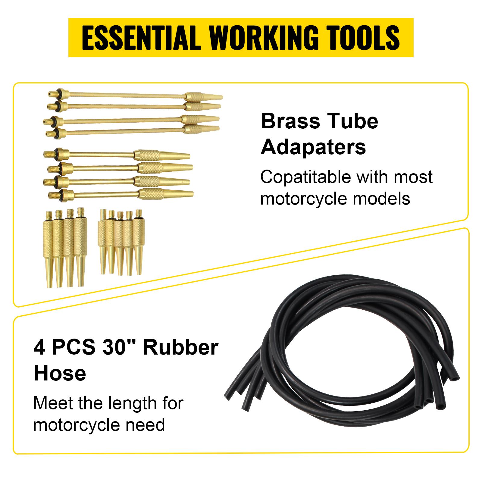 brass tube adapters and rubber hoses for VEVOR carburetor synchronizer, essential tools.