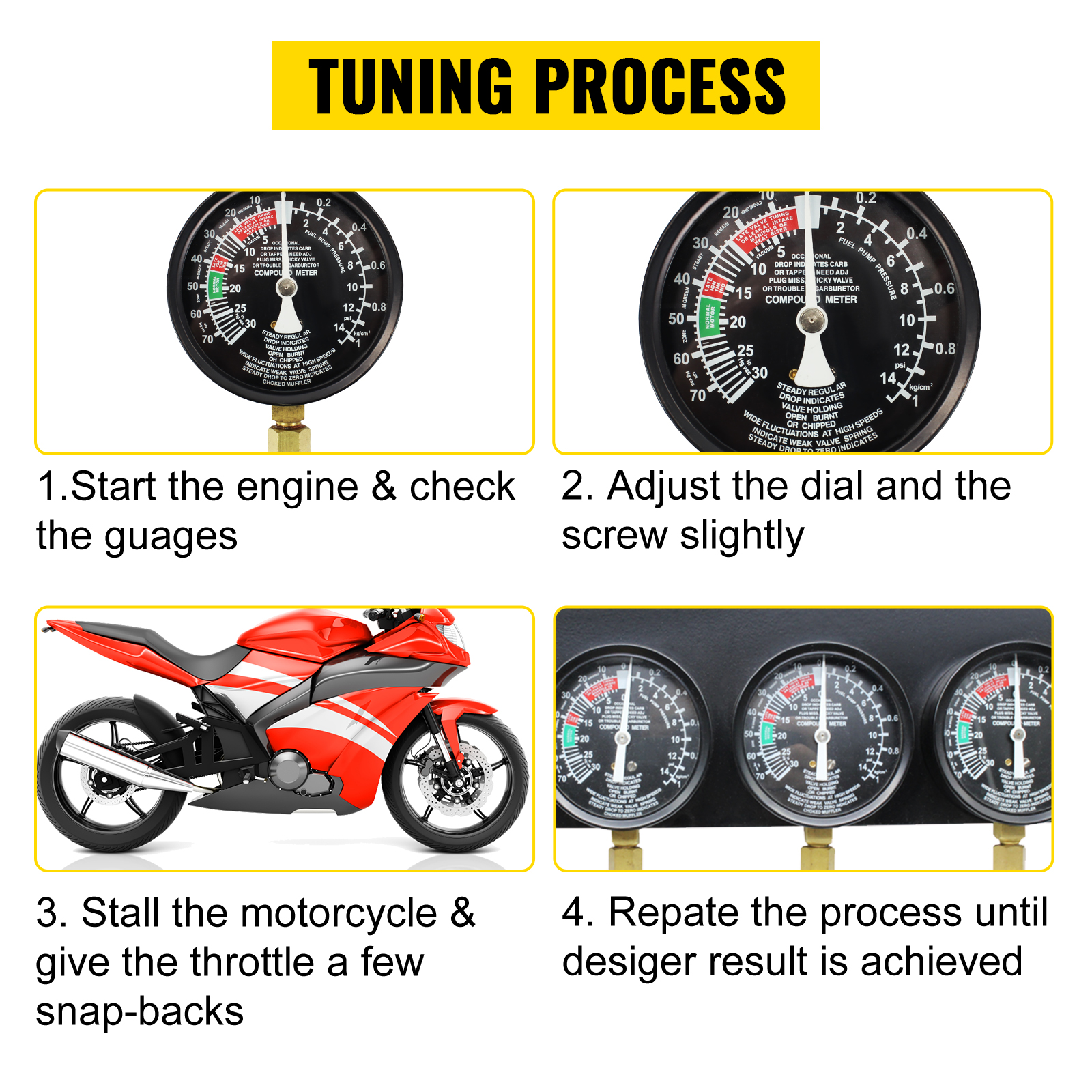 tuning process for VEVOR carburetor synchronizer on a red motorcycle with gauges.