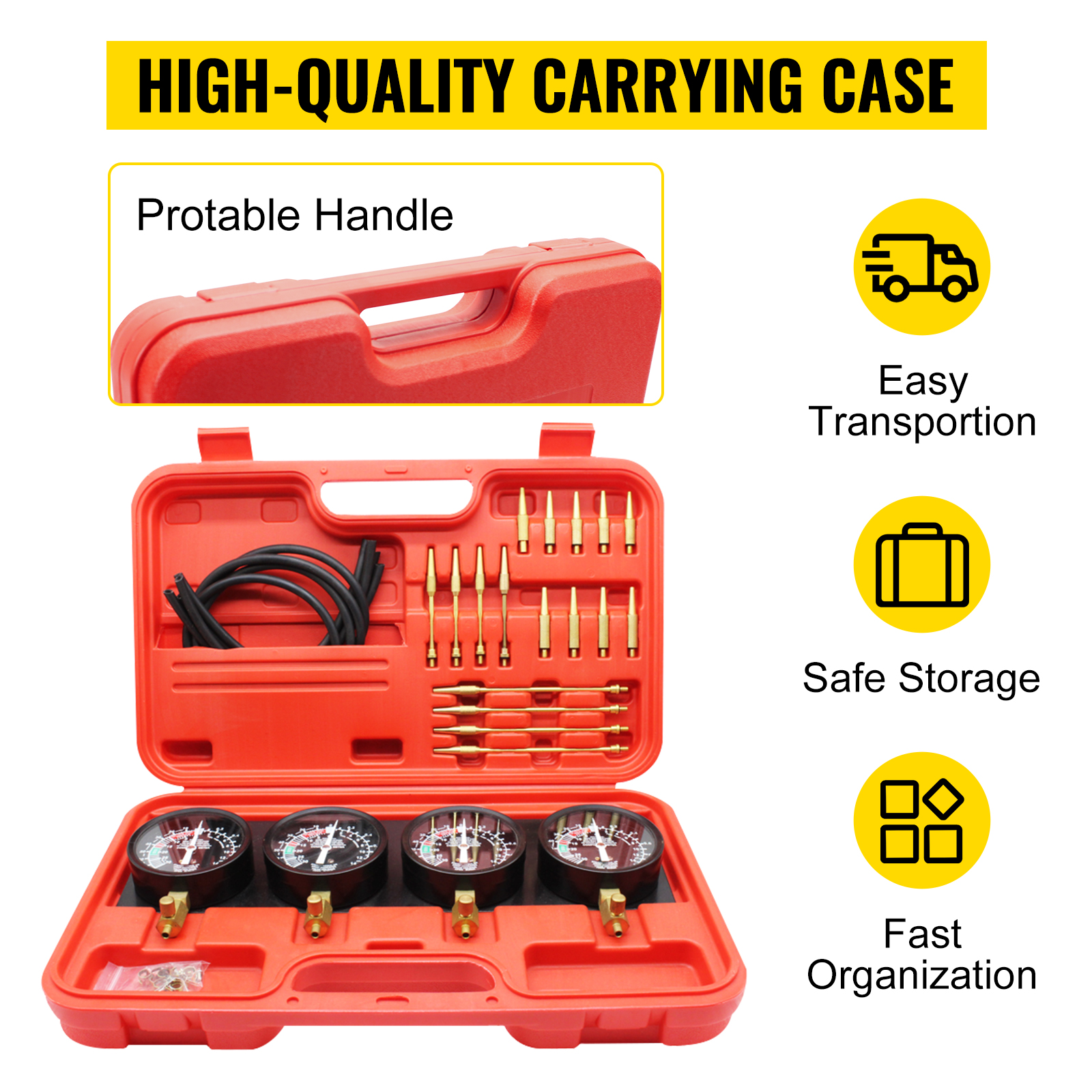 VEVOR carburetor synchronizer in high-quality carrying case with protale handle.