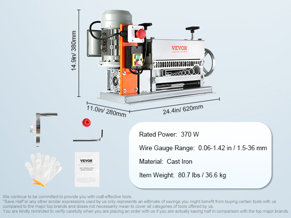 VEVOR automatic wire stripping machine, 370w, 0.06-1.42in wire gauge range, cast iron, 80.7 lbs.