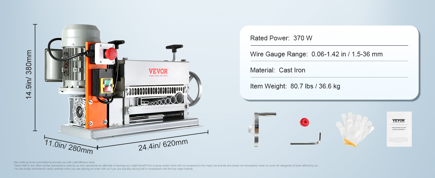 VEVOR automatic wire stripping machine, 370w, 0.06-1.42in wire gauge range, cast iron, 80.7 lbs.