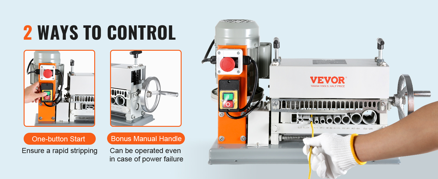 VEVOR automātiskā vadu izolācijas noņemšanas mašīna ar vienas pogas iedarbināšanu un manuālu rokturi strāvas padeves pārtraukuma gadījumā.