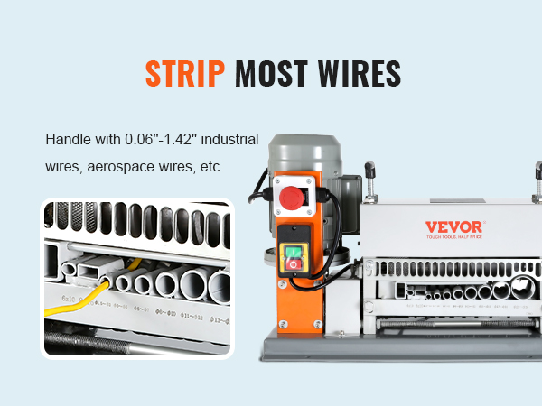 VEVOR automātiskā vadu izolācijas noņemšanas mašīna rūpniecības un kosmosa vadiem. Darbojas ar 0,06"-1,42" diametra vadiem.