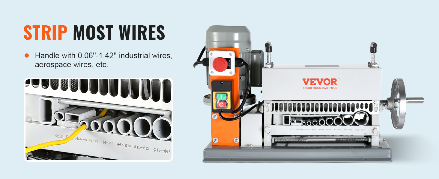 VEVOR automātiskā vadu izolācijas noņemšanas mašīna rūpniecības un kosmosa vadiem. Darbojas ar 0,06"-1,42" diametra vadiem.