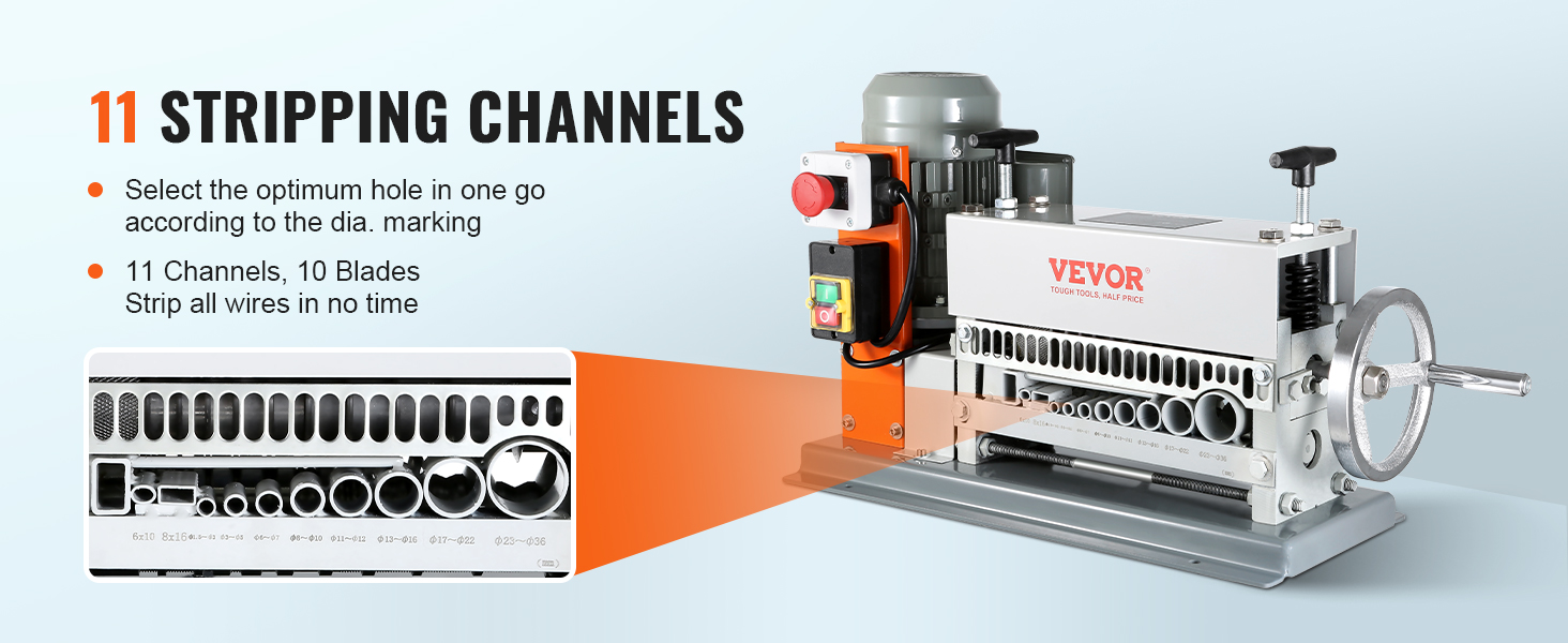 VEVOR automātiskā vadu izolācijas noņemšanas mašīna ar 11 izolācijas kanāliem un 10 asmeņiem efektīvai vadu izolācijas noņemšanai.