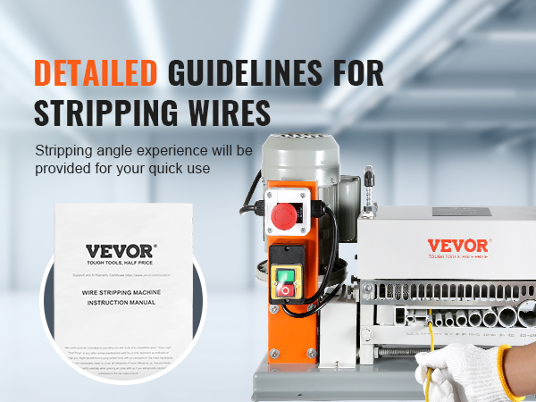 VEVOR automātiskā vadu izolācijas noņemšanas mašīna ar lietošanas instrukciju un detalizētām vadlīnijām vadu izolācijas noņemšanai.