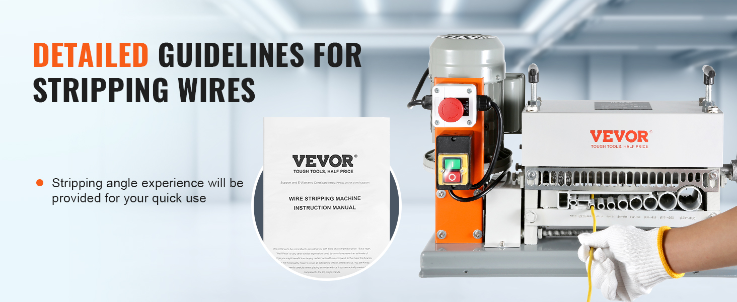 VEVOR automātiskā vadu izolācijas noņemšanas mašīna ar lietošanas instrukciju un detalizētām vadlīnijām vadu izolācijas noņemšanai.