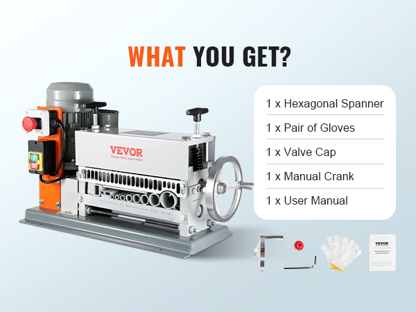 VEVOR automātiskā vadu izolācijas noņemšanas mašīna ar piederumiem: sešstūra uzgriežņu atslēgu, cimdiem, kloķi, vārsta vāciņu, rokasgrāmatu.