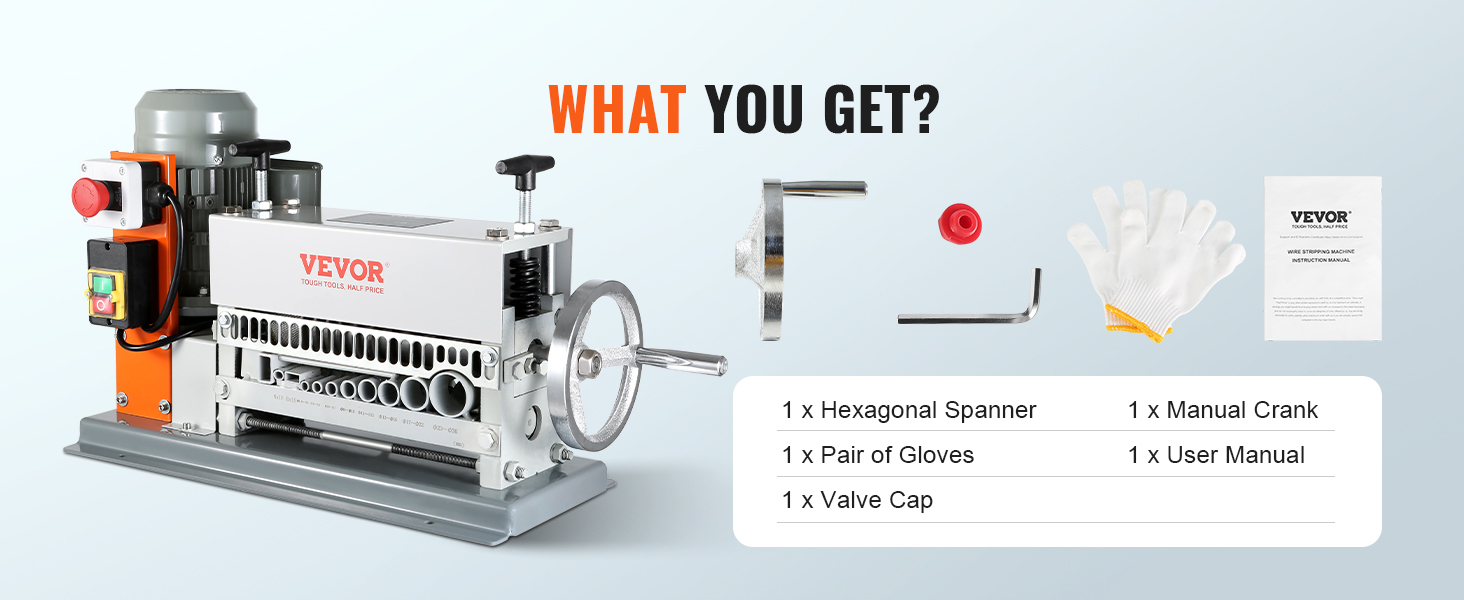 VEVOR automātiskā vadu izolācijas noņemšanas mašīna ar piederumiem: sešstūra uzgriežņu atslēgu, cimdiem, kloķi, vārsta vāciņu, rokasgrāmatu.