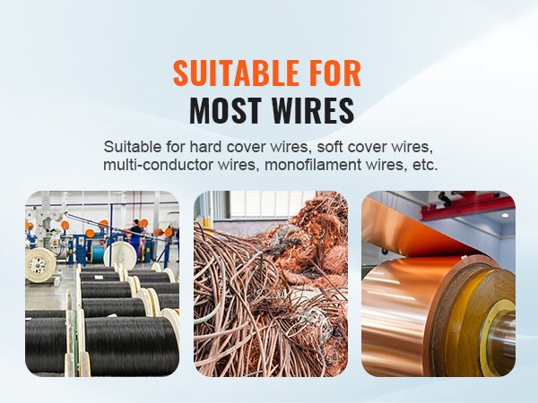 VEVOR automātiskā vadu izolācijas noņemšanas mašīna ar dažādiem vadu veidiem: cietiem, mīkstiem, daudzvadu, monofilamentiem.