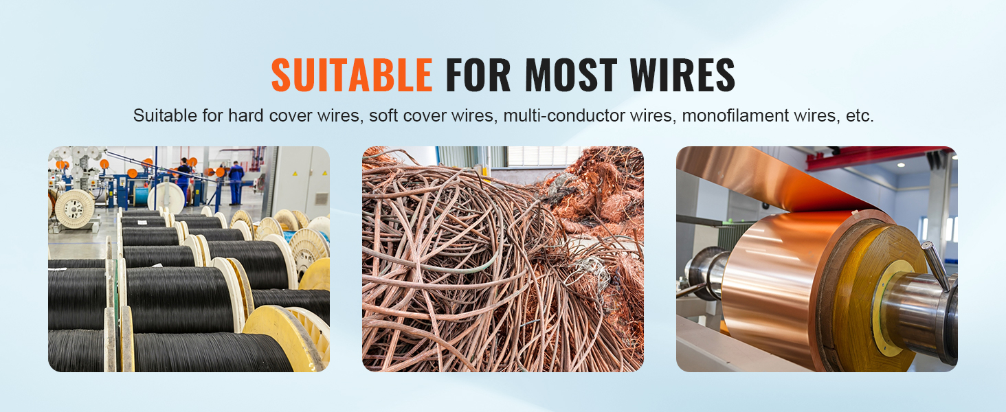 VEVOR automātiskā vadu izolācijas noņemšanas mašīna ar dažādiem vadu veidiem: cietiem, mīkstiem, daudzvadu, monofilamentiem.