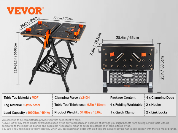 VEVOR folding work table with adjustable height, mdf tabletop, q195 steel legs, and 1000 lbs load capacity.