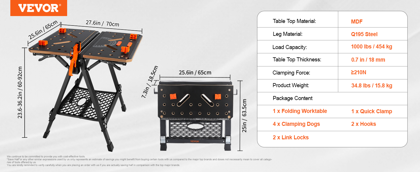 VEVOR folding work table with adjustable height, mdf tabletop, q195 steel legs, and 1000 lbs load capacity.
