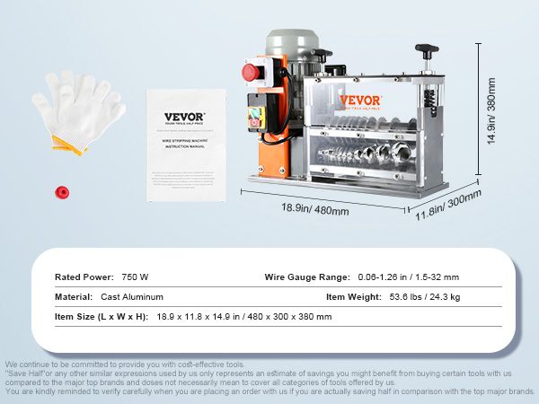 VEVOR wire stripping machine, 750w, cast aluminum, 1.5-32mm gauge range, 53.6 lbs, 480x300x380mm.