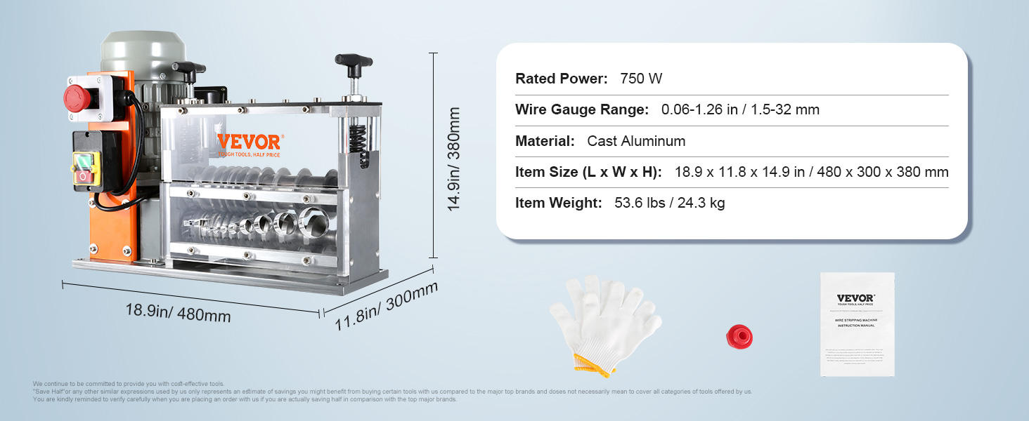 VEVOR wire stripping machine, 750w, cast aluminum, 1.5-32mm gauge range, 53.6 lbs, 480x300x380mm.