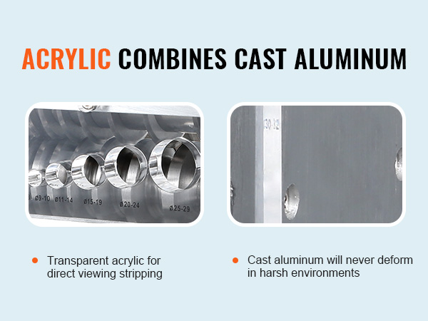 VEVOR wire stripping machine with acrylic and cast aluminum construction for superior durability.