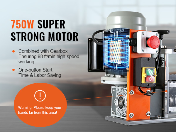 VEVOR wire stripping machine with 750w motor, one-button start, and 98 ft/min speed for efficiency.