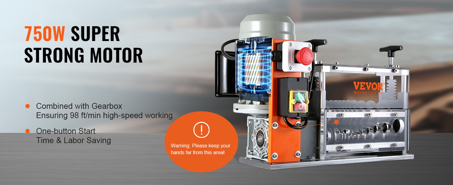 VEVOR wire stripping machine with 750w motor, one-button start, and 98 ft/min speed for efficiency.
