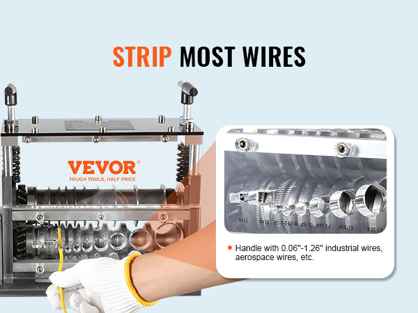 VEVOR wire stripping machine with various wire sizes, orange casing, and efficient motor.