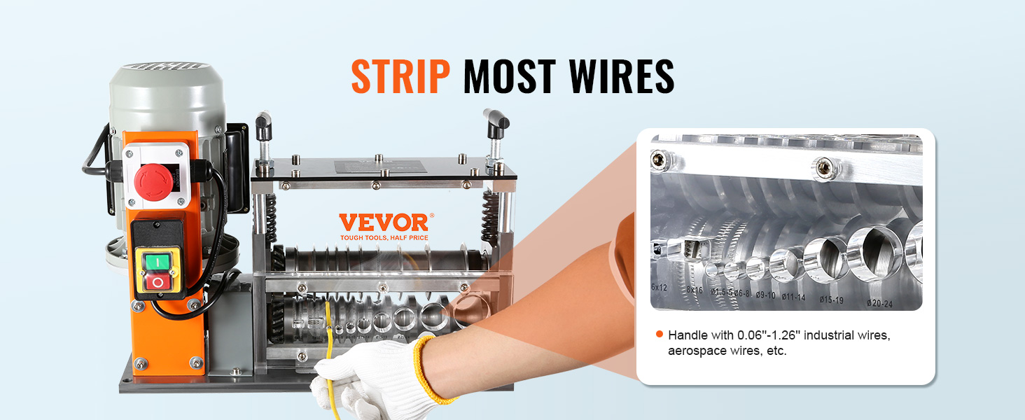 VEVOR wire stripping machine with various wire sizes, orange casing, and efficient motor.