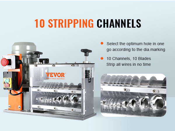 VEVOR wire stripping machine with 10 stripping channels and adjustable diameter markings.