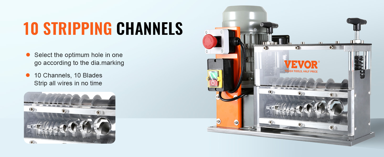 VEVOR wire stripping machine with 10 stripping channels and adjustable diameter markings.