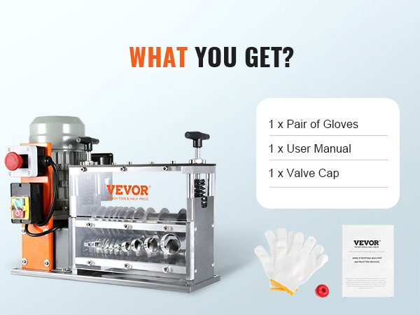 VEVOR wire stripping machine with gloves, valve cap, and user manual included.
