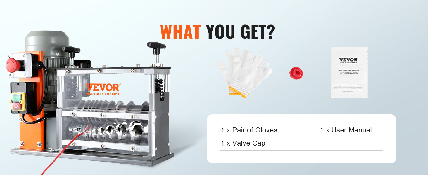 VEVOR wire stripping machine with gloves, valve cap, and user manual included.