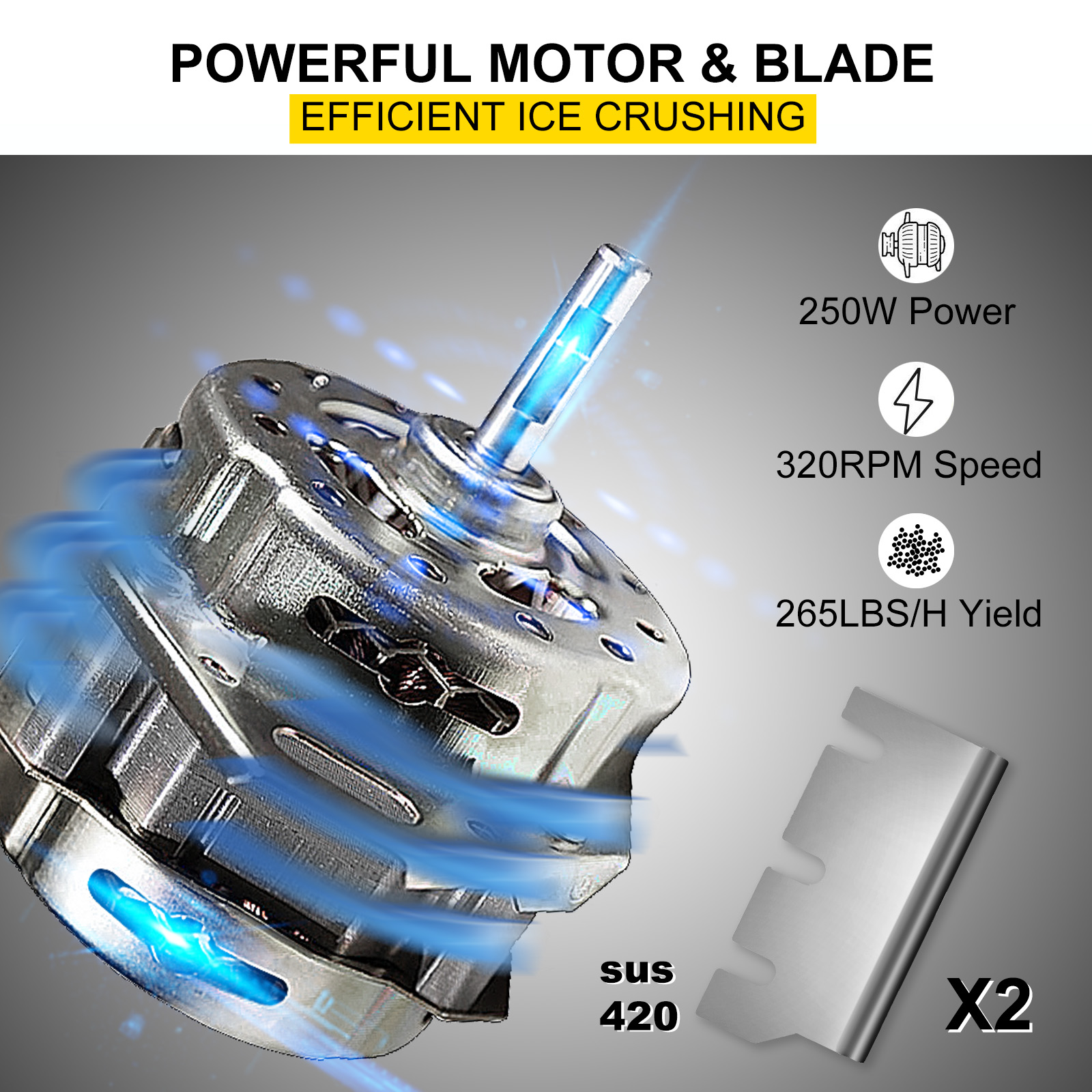 VEVOR ledus skaldīšanas iekārtas motors, 250 W, 320 apgr./min, 265 lbs/h, sus 420 asmens x2