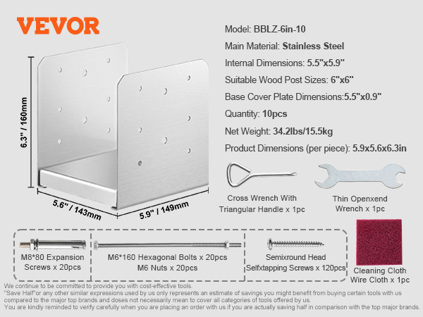 VEVOR adjustable post base in stainless steel with detailed dimensions and included tools.