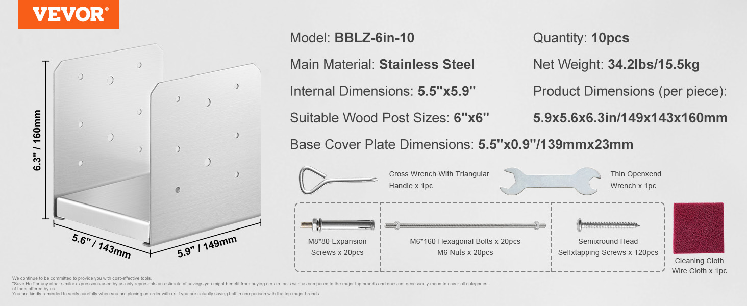 VEVOR adjustable post base in stainless steel with detailed dimensions and included tools.