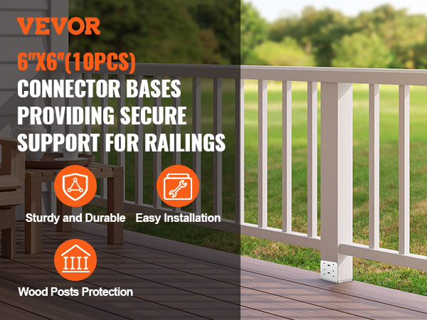 VEVOR adjustable post base 6"x6" (10 pcs) providing secure support for railings, wood posts protection.