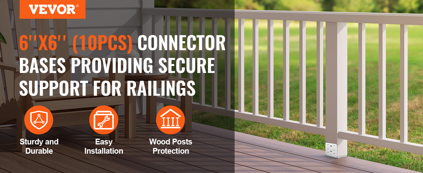 VEVOR adjustable post base 6"x6" (10 pcs) providing secure support for railings, wood posts protection.