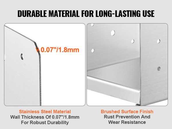 VEVOR adjustable post base, stainless steel with 0.07 inch wall thickness, brushed finish for durability.