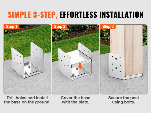 VEVOR adjustable post base installation: drill holes, cover base, secure post with bolts.