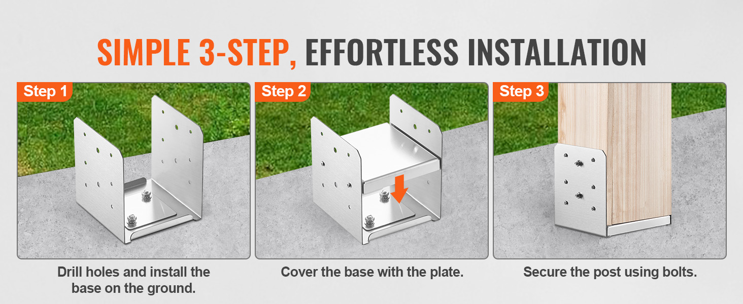 VEVOR adjustable post base installation: drill holes, cover base, secure post with bolts.