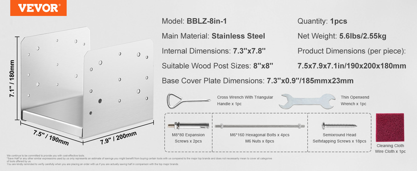 VEVOR post base, stainless steel, dimensions, wood post size, tools, bolts, screws, cleaning cloth.
