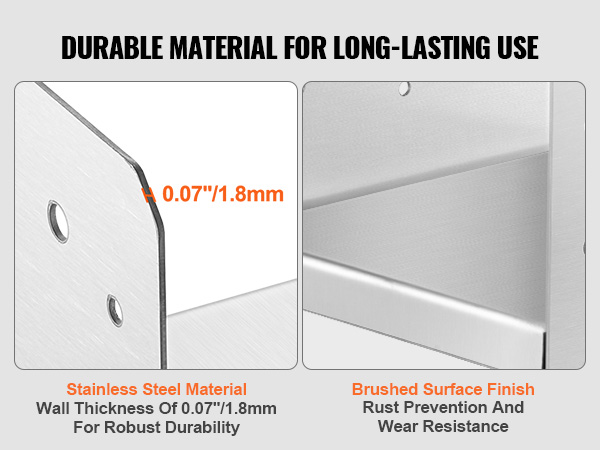 durable VEVOR post base, stainless steel, 0.07"/1.8mm thickness, brushed surface for rust prevention.