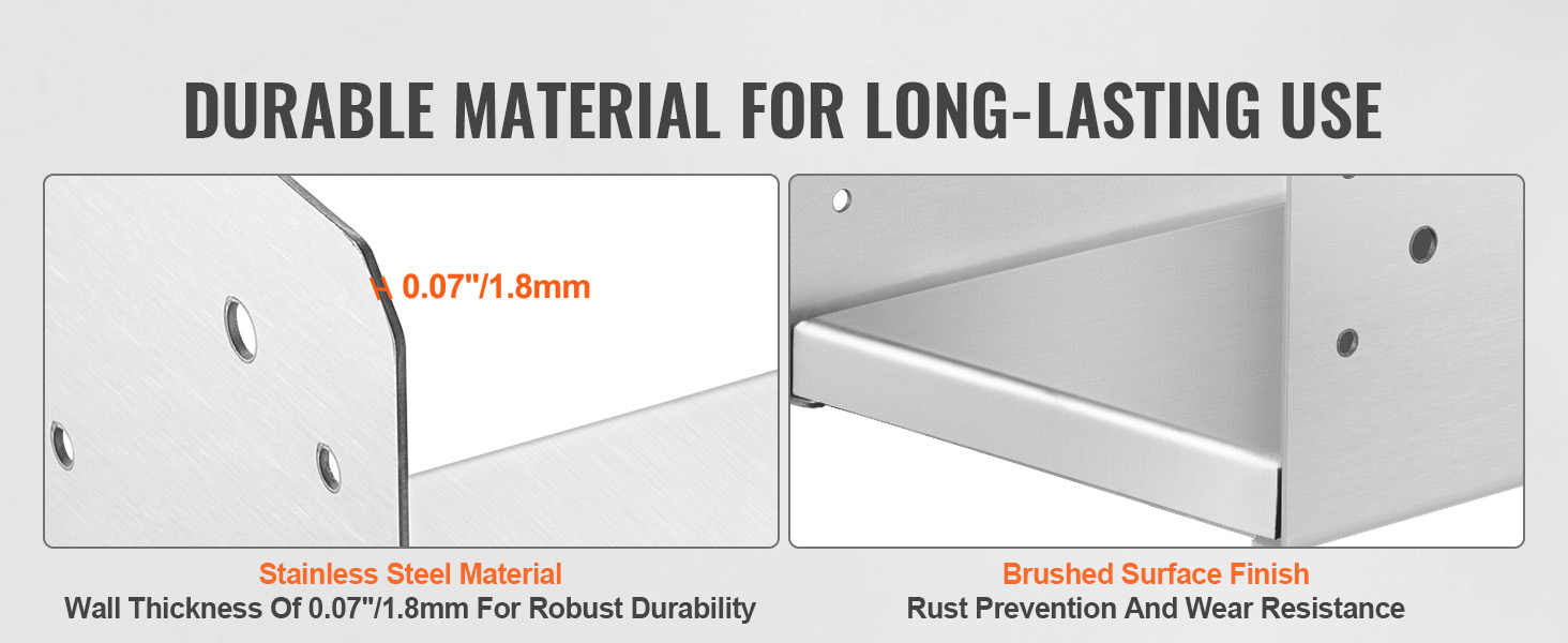 durable VEVOR post base, stainless steel, 0.07"/1.8mm thickness, brushed surface for rust prevention.