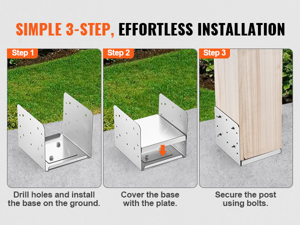 VEVOR post base installation guide showing three steps with images: drill, cover, and secure.