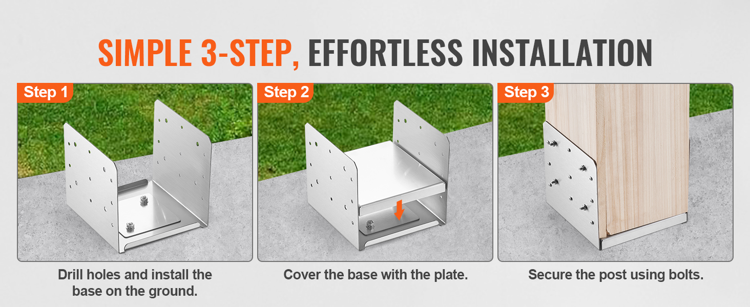 VEVOR post base installation guide showing three steps with images: drill, cover, and secure.