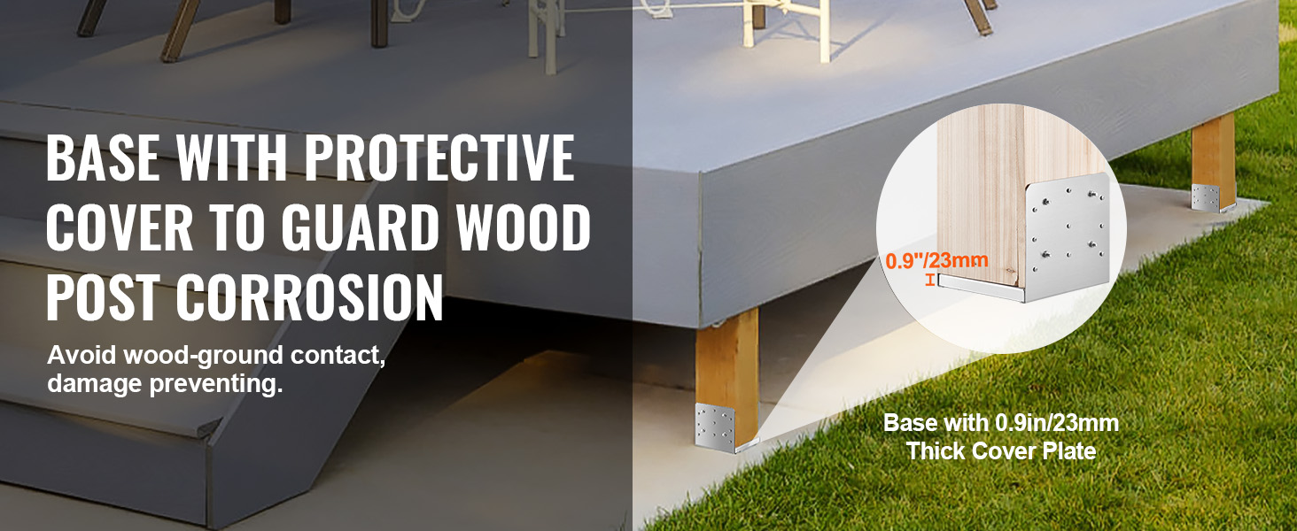 base with protective cover to guard wood post corrosion, highlighting VEVOR post base features.